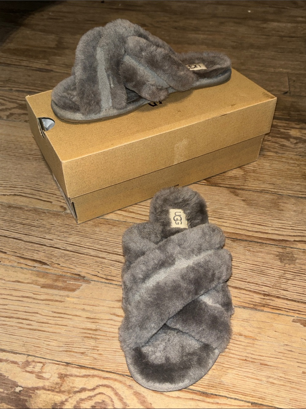 UGG Gray Crisscross Shearling Slide Slippers